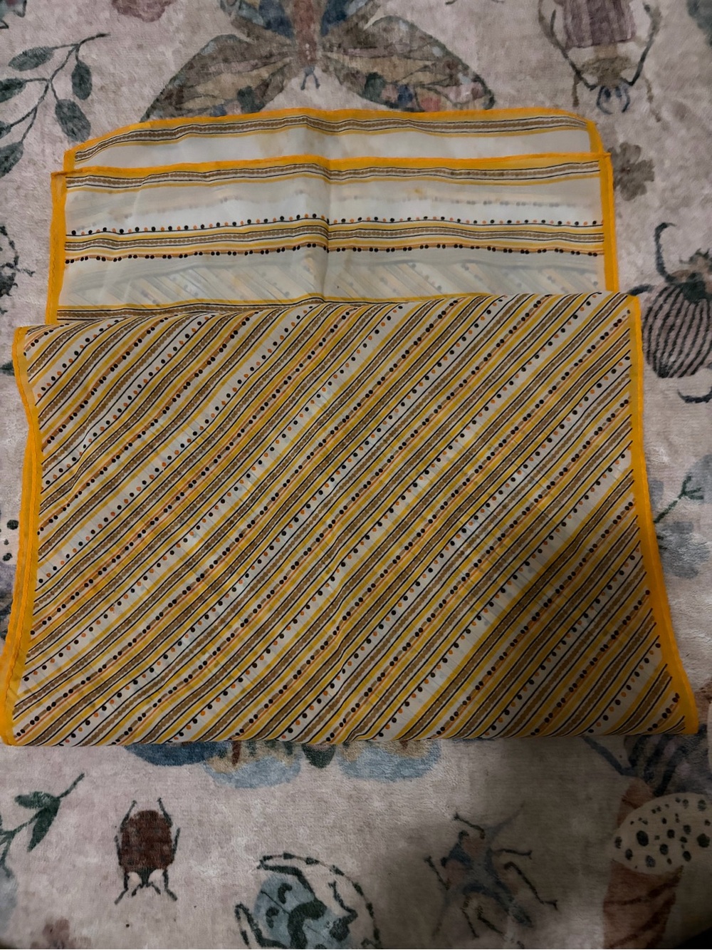 Vintage 1970s 100% Pure Silk Yellow & Black Striped Square Scarf